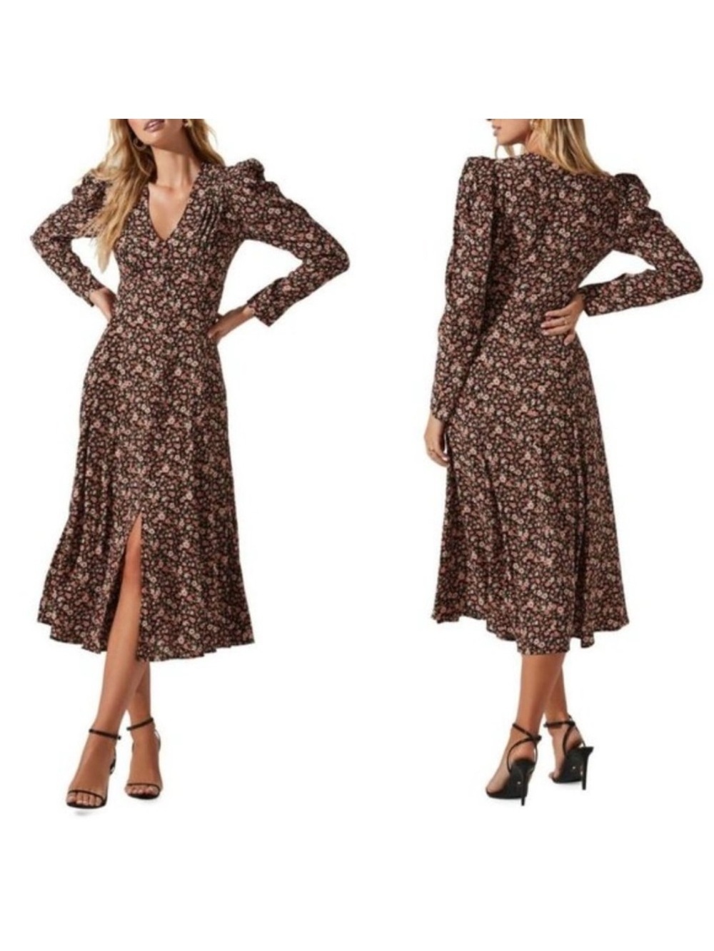 Astr Floral V-Neck Long Sleeve Midi Dress in Brown and Pink